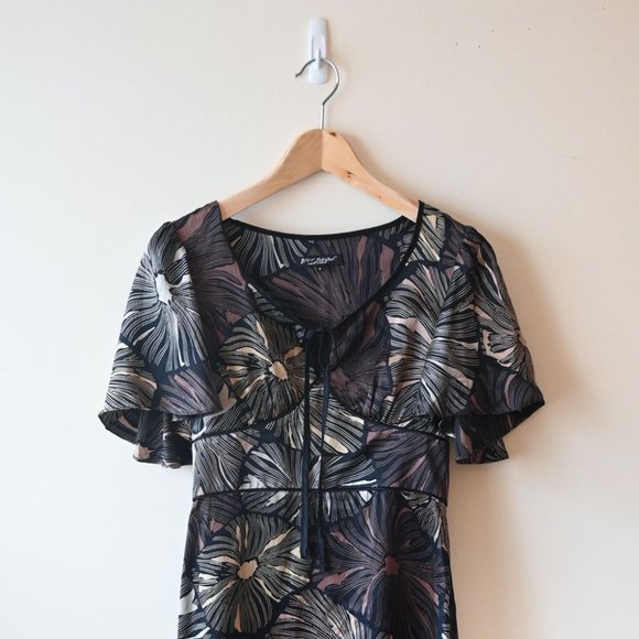 Vintage 90’s Betsey Johnson Silk Floral BLACK GOLD SILVER Flutter Sleeve Dress - Picture 4 of 10